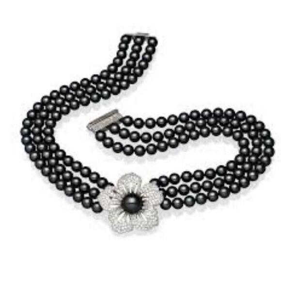 Vintage Triple Strand Black Gray Faux Pearl Rhinestone Sterling Clasp Necklace - Picture 1 of 16